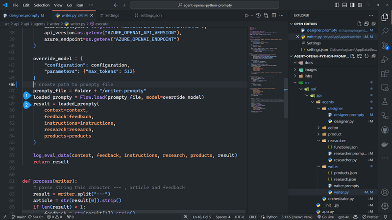 The Prompty runtime processing a .prompty file in VS Code using the Prompty extension.