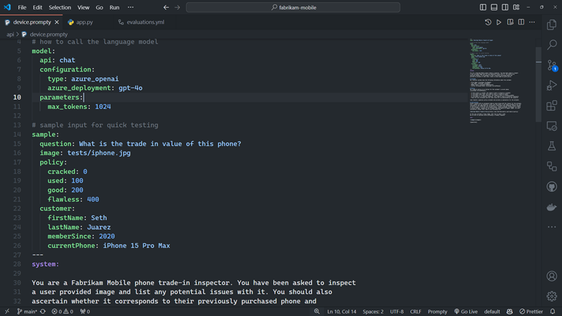 Example of a Prompty file in VS Code using the Prompty extension.