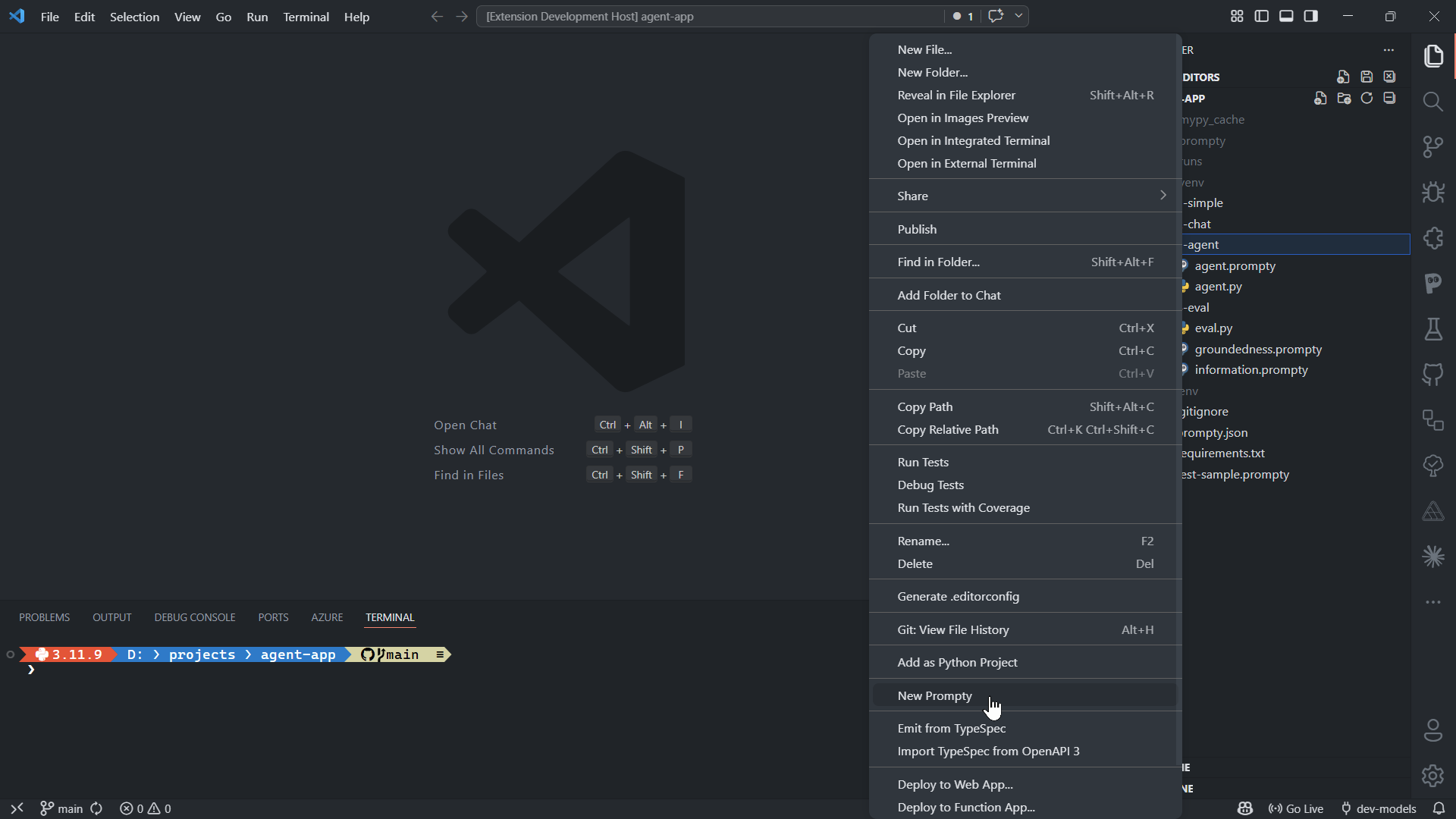 Creating a new prompty file from the explorer context menu